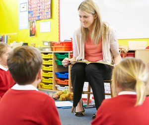 Teacher reading a story to a group of students sitting on the floor.