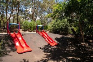 Double slides at the playground at Wombat Bend in Templestowe